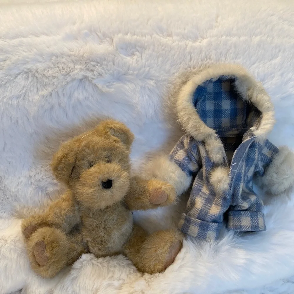 Boyds Bear Plush Jointed Lgt. Brown Fur Trim Hooded Checked Snowsuit #13644(CN)